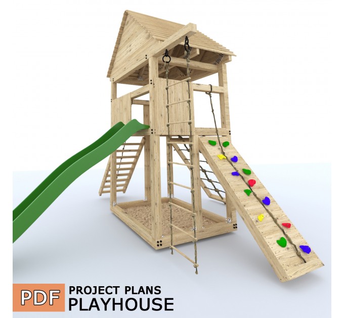 Playset build plan for kids, Playhouse - Wooden gardenhouse, Outdoor Wood Structure Climbing Wall Climber Slide - Digital Download Only